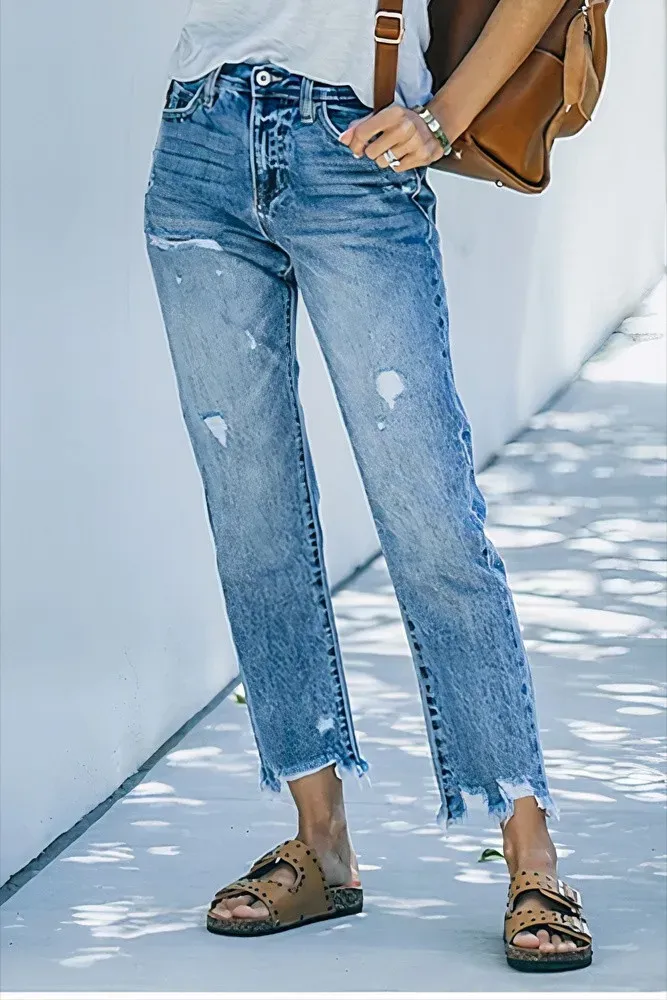 Ripped Raw Hem Zip Fly Mid Rise Straight Leg Jeans