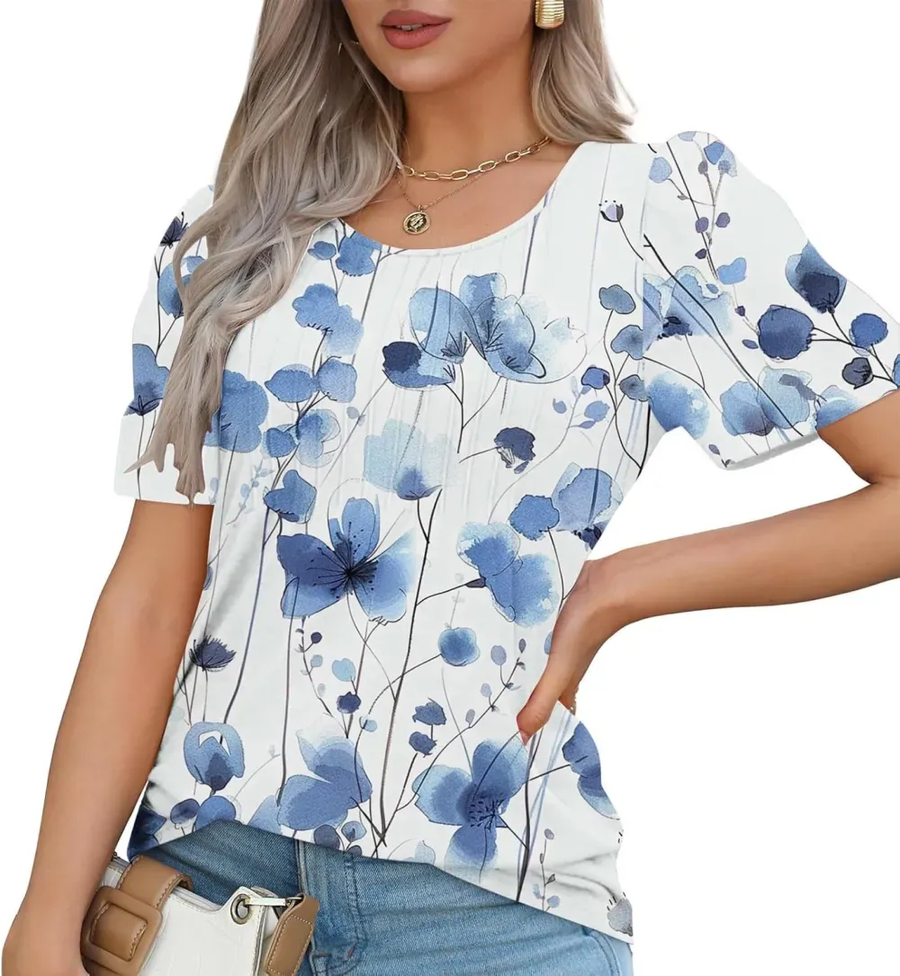 Womens Summer Pleated Front Shirts Tunics Casual Short Sleeved Loose Round Neck Boho Printed Tops Vacation Blouse