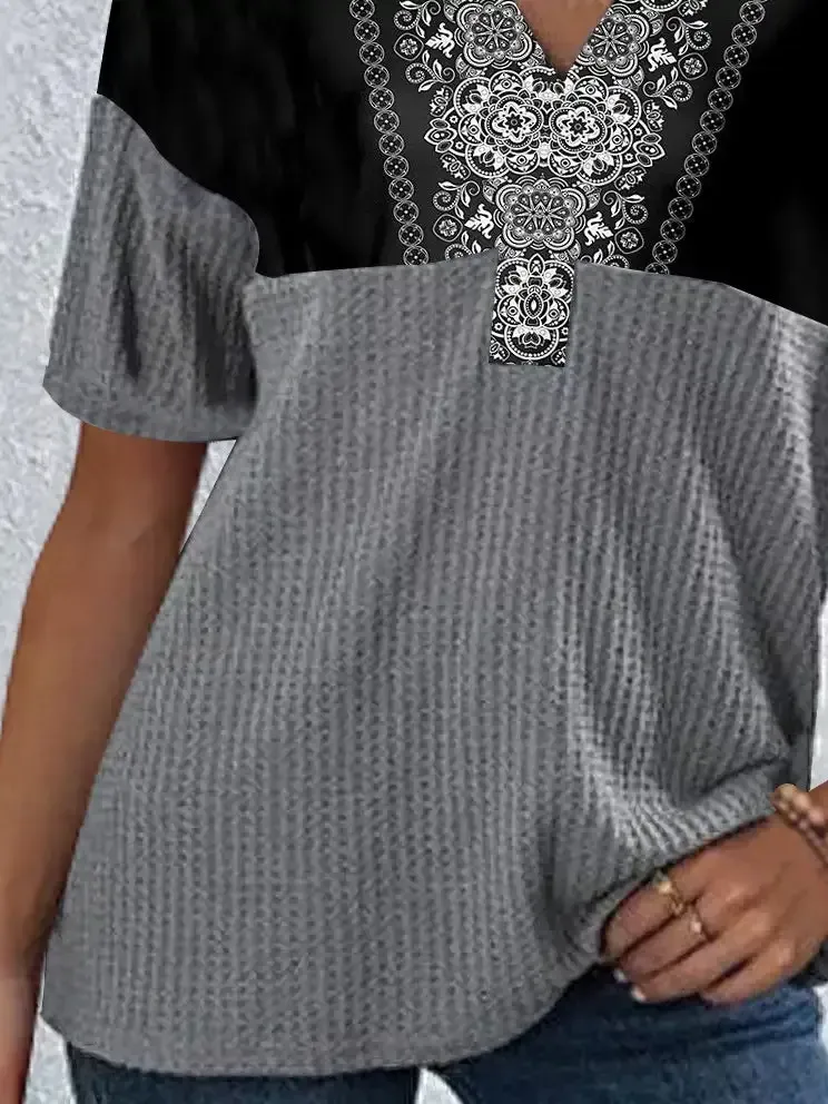 Women's Stitching Colorblock Printed Short Sleeve V-neck Top