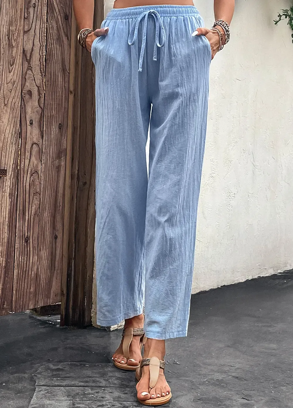 Light Blue Pocket Drawastring High Waisted Pants