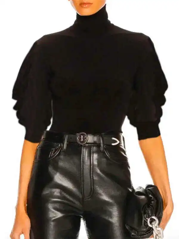 Casual Puff Sleeves Solid Color High-Neck T-Shirts Tops