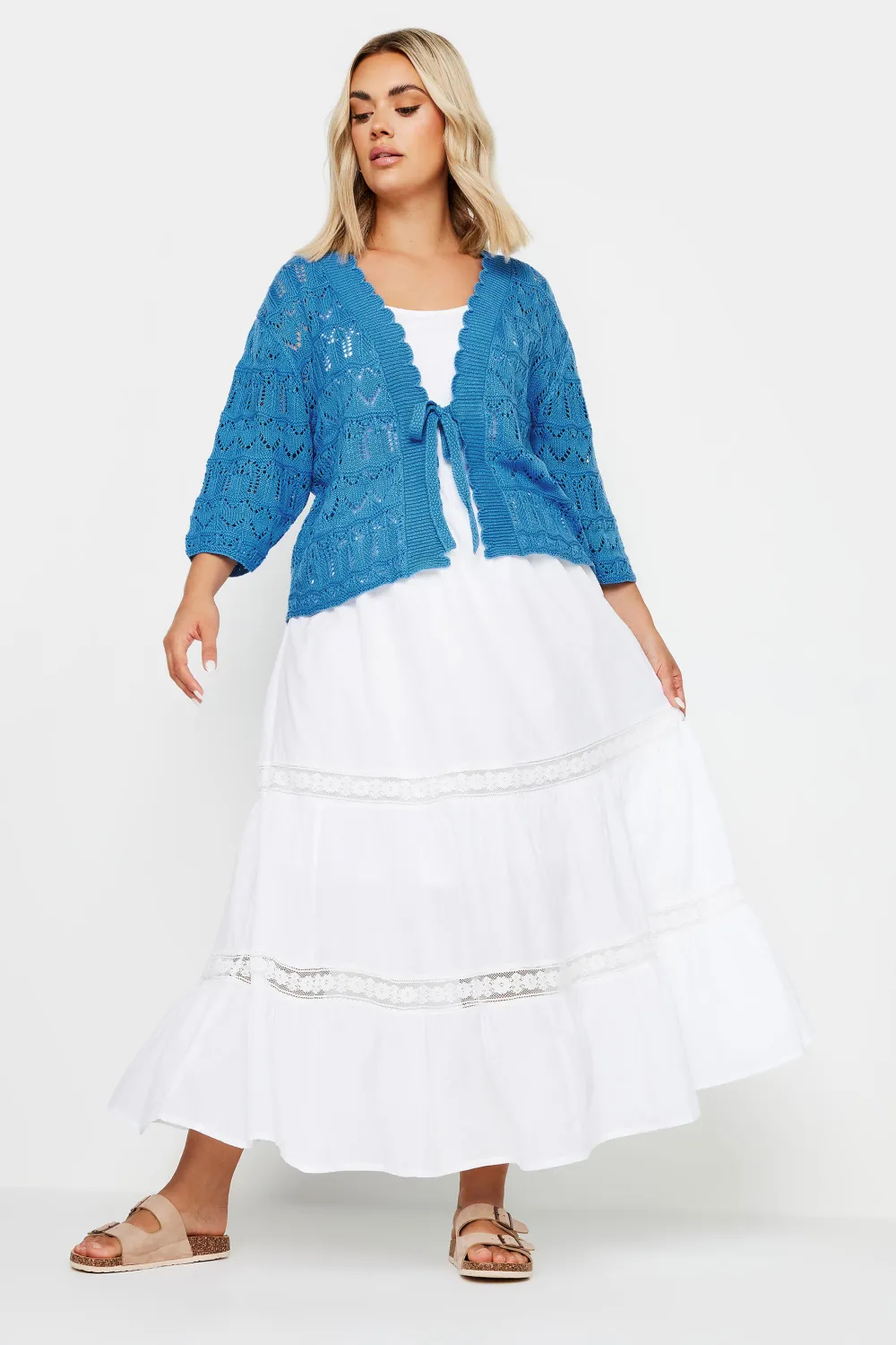 YOURS Curve Blue Crochet Tie Front Shrug