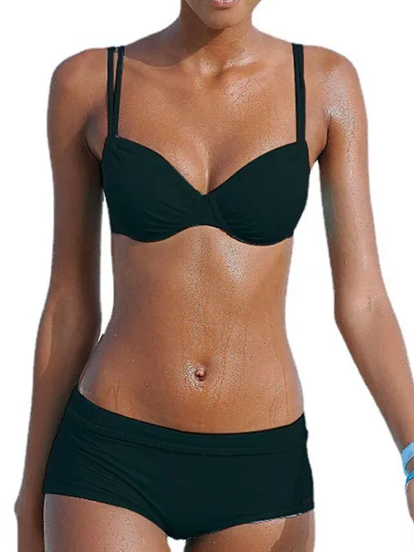 Women's Swimwear Bikini 2 Piece Normal Swimsuit Ruched Backless Pure Color Black White Yellow Pink Royal Blue Strap Bathing Suits New Vacation Sexy