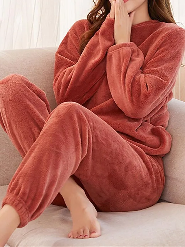 Women's Fleece Warm Loungewear Sets Fluffy Fuzzy Warm Pajama Letter Comfort Home Daily Bed Coral Fleece Coral Velvet Warm Crew Neck Long Sleeve Hoodie Pant Embroidery Fall Winter Pink Red