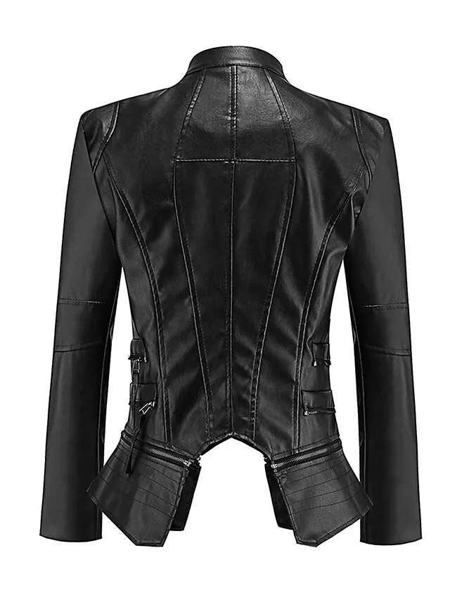 Women's Faux Leather Jacket Waterproof Warm Outdoor Street Daily Going out Zipper Pocket Zipper Turndown Active Fashion Casual Solid Color Regular Fit Outerwear Long Sleeve Fall Winter Black M L XL