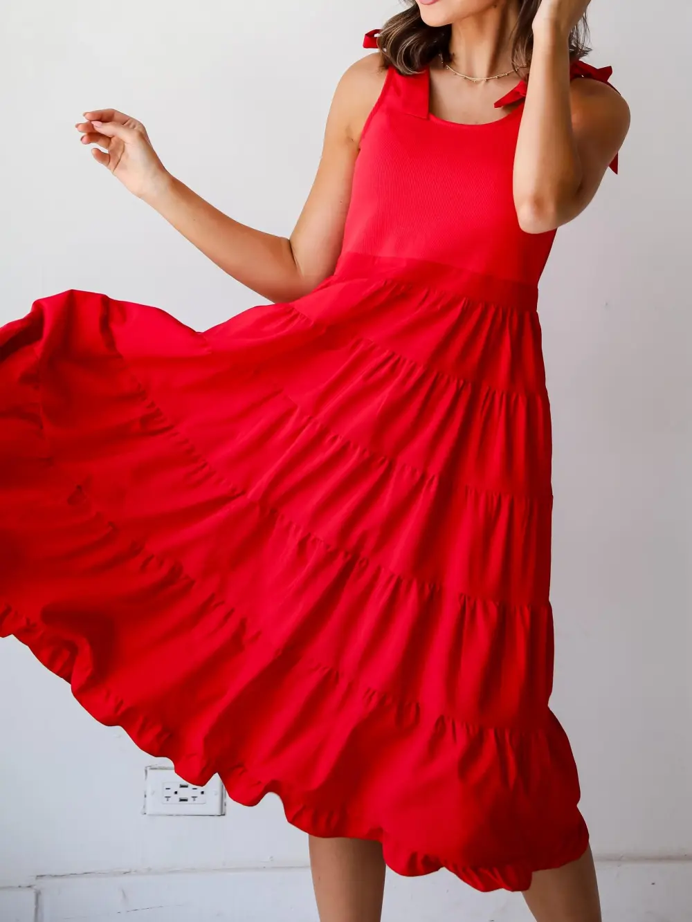 Sweet Daylight Red Tiered Midi Dress