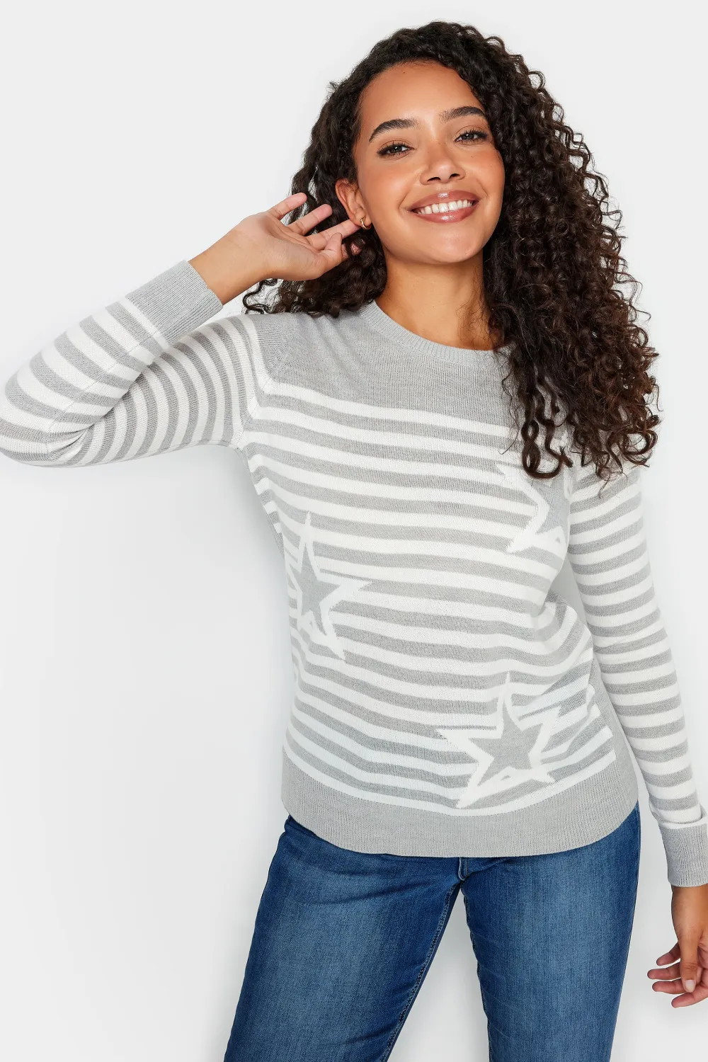 M&Co Grey Stripe Star Print Jumper