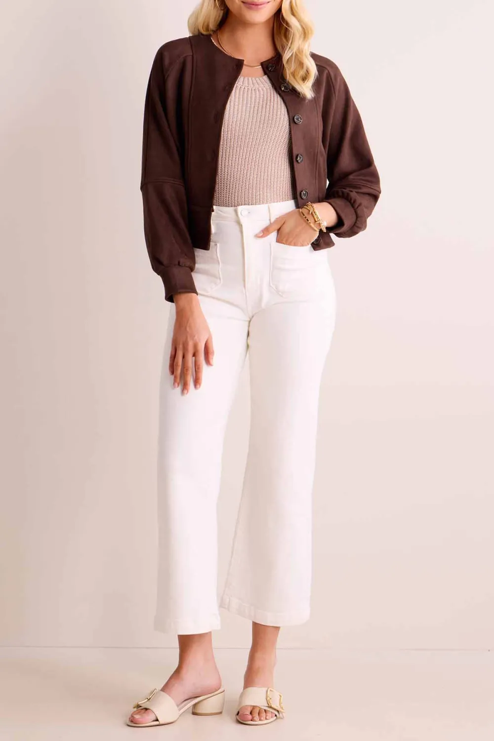 Chocolate Brown Button-Front Cropped Jacket
