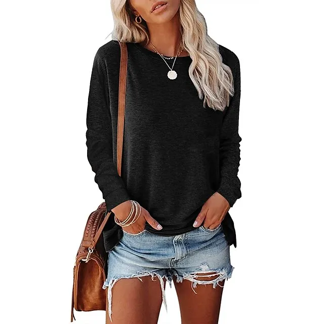 Women's Blouse Basic Plain Basic Round Neck Regular Fall Green Black Blue Pink Grey