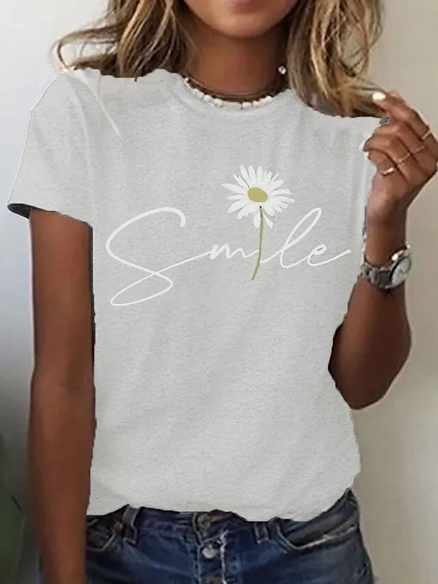 Women's T shirt Tee 100% Cotton Black White Yellow Graphic Daisy Print Short Sleeve Daily Going out Basic Round Neck Regular 100% Cotton Floral S