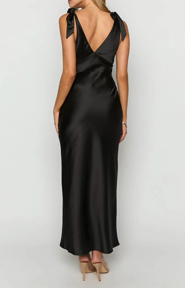 V-Neck Black Satin Maxi Dress