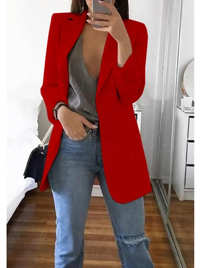 Women's Blazer Casual Pocket Clean Fit Formal Outdoor Daily Wear Polyester Spring Wine Green Black Open Front V Neck Regular Fit S M L XL XXL 3XL / Solid Color