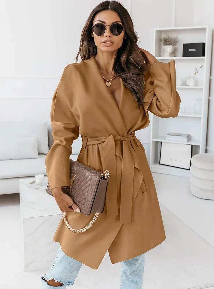 Solid Front Belt Long Sleeve Coat