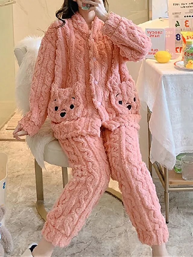 Women's Fleece Fluffy Fuzzy Warm Pajamas Sets Animal Warm Casual Comfort Home Bed Flannel Warm Breathable V Wire Long Sleeve Shirt Pant Button Pocket Fall Winter White Yellow