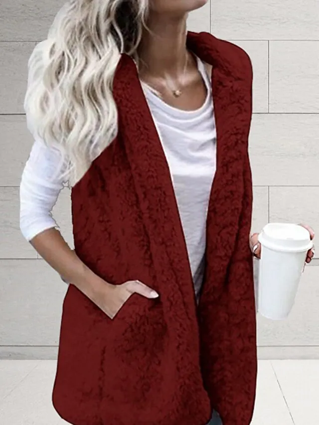Women's Vest Teddy Coat Gilet Sherpa Jacket with Hood Outdoor Street Going out Fall Winter Regular Coat Regular Fit Warm Breathable Cute Casual Jacket Sleeveless Solid Color Pocket White Black Gray