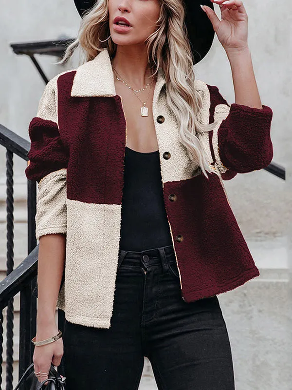 Lapel Contrast Panel Long Sleeve Fleece Jacket