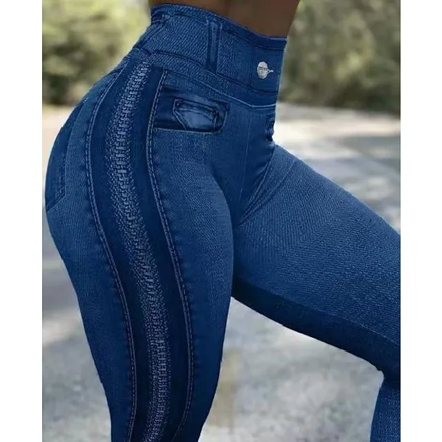 Women's Jeans Flared Pants Bell Bottom Full Length Faux Denim Side Pockets High Elasticity High Waist Fashion Tights Casual Weekend Black Blue S M