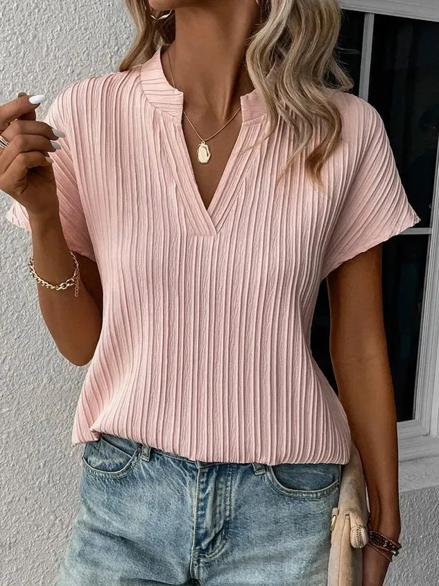 Loose Casual V Neck Plain Blouse