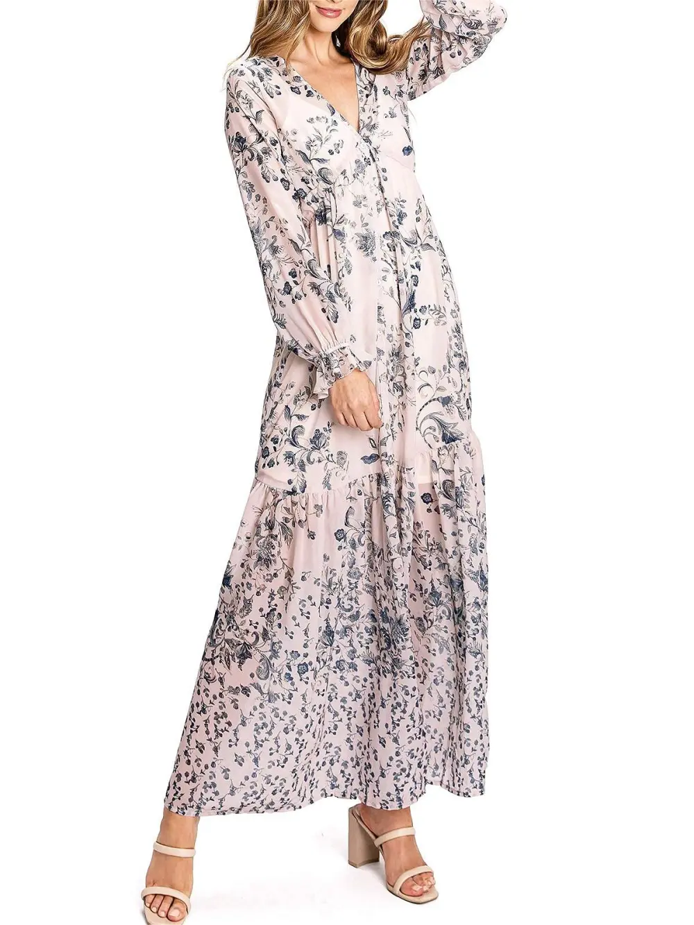 Light Pink Floral Print Long - Sleeve Maxi Dress