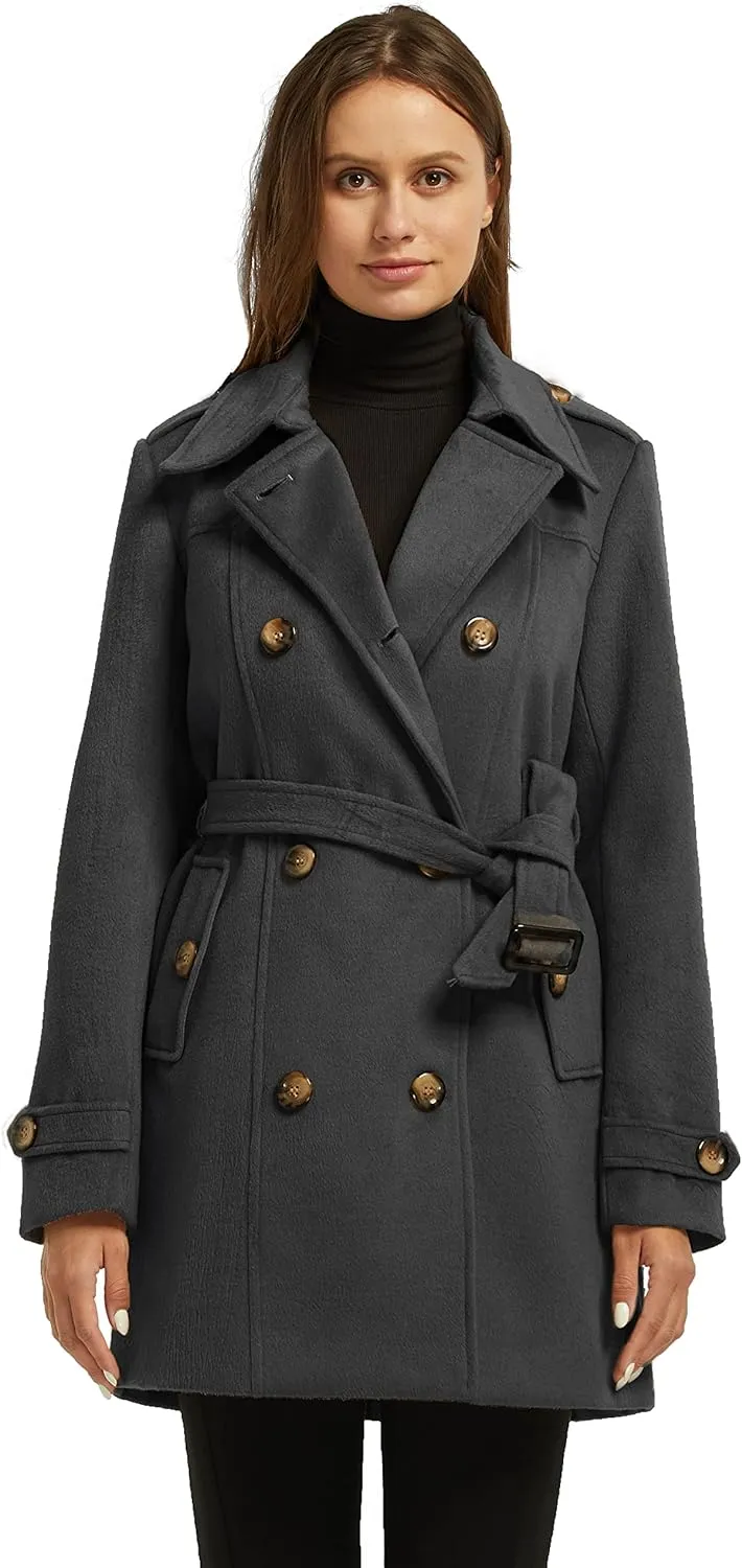 Women's Double Breasted Pea Coat Winter Mid-Long Trench Coat with Belt