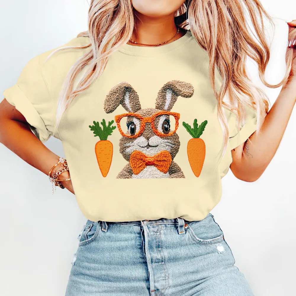 Easter Bunny And Carrots Printed Round Neck Short Sleeve T-Shirt