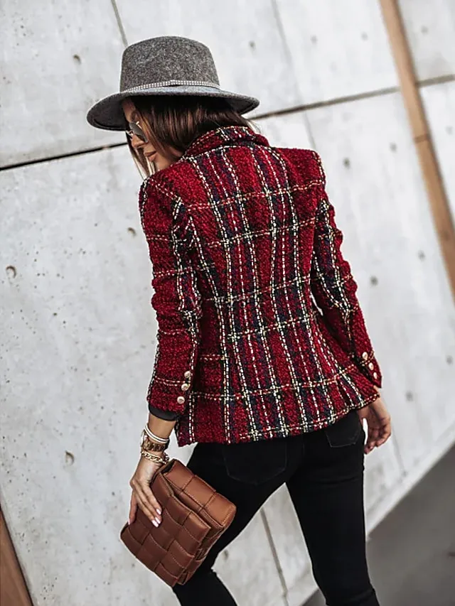 Women's Blazer Tweed Maillard Plaid Long Sleeve Coat Fall Winter Business Double Breasted Regular Jacket Green Brown XL 2XL 3XL