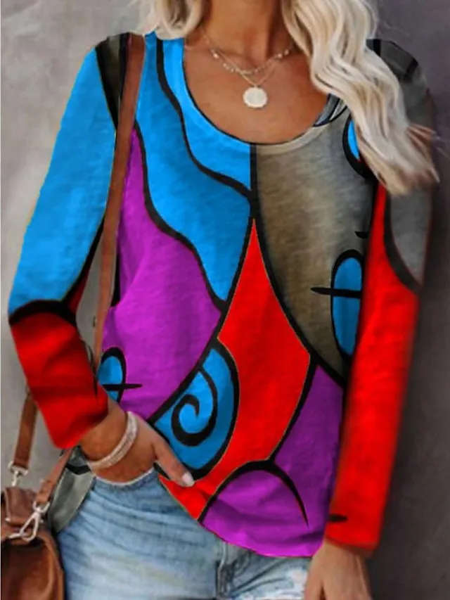 Women's Plus Size T shirt Tee Graphic Geometric Casual Holiday Red Blue Gray Print Long Sleeve Vintage Ethnic Round Neck Fall & Winter