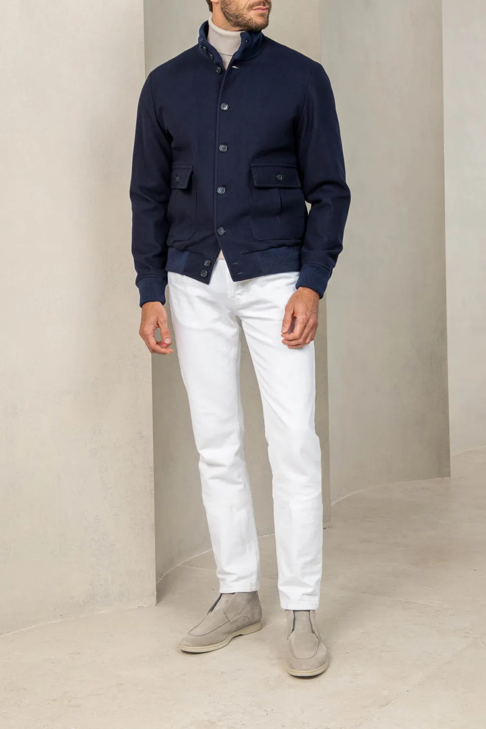 Blue Super 180'S Wool Flannel Bomber Jacket