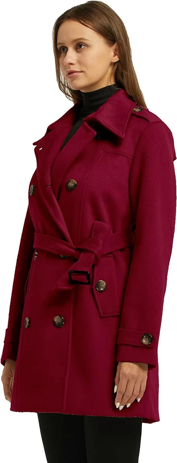 Women's Double Breasted Pea Coat Winter Mid-Long Trench Coat with Belt