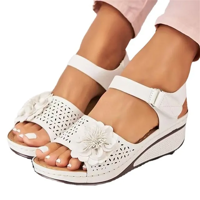 Women's Sandals Slippers Wedge Sandals Plus Size Outdoor Beach Summer Flower Wedge Heel Vintage Elegant Casual PU Magic Tape Solid Color Black White Red