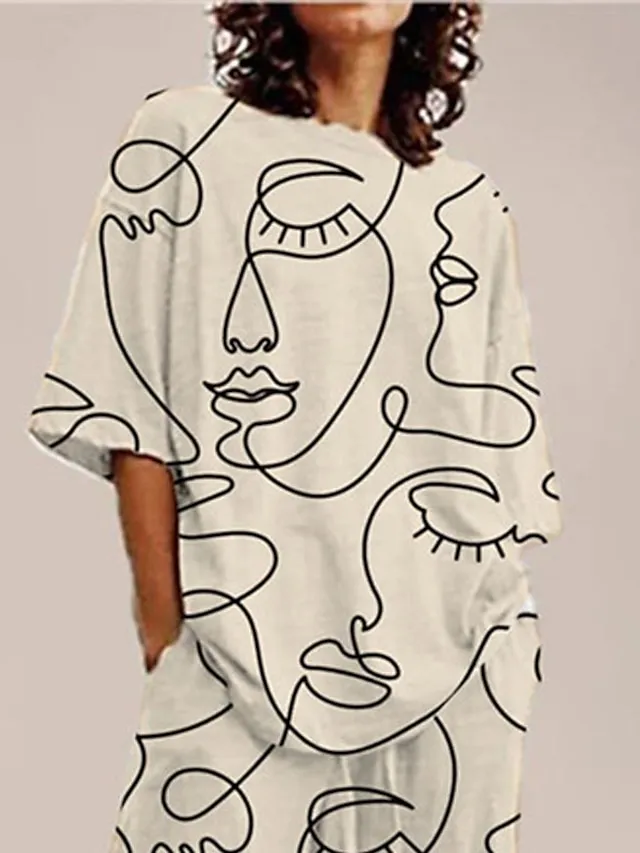 Women's Pajamas Sets Nighty Pjs 2 Pieces Graphic Prints Comfort Soft Home Bed Cotton Spandex Jersey Crew Neck Short Sleeve T shirt Tee Pant Spring Summer Beige