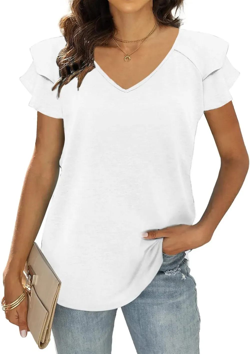 T&Twenties Womens Summer Tops Ruffle Short Sleeve Tunic Tops V Neck Loose Fit Flowy T-Shirts