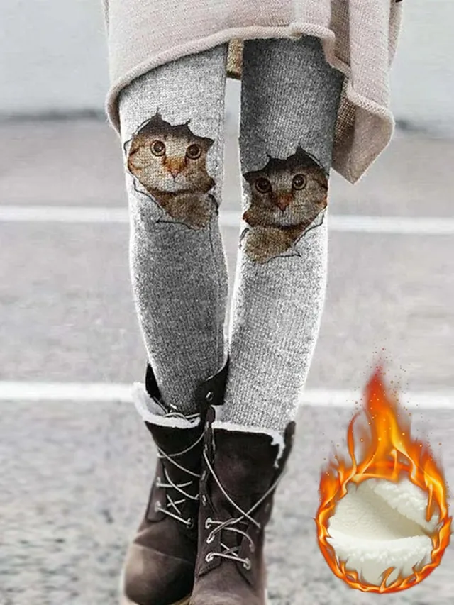 Women's Fleece Lined Leggings Warm Ankle-Length Winter Leggings Print Micro-elastic Mid Waist Fashion Xmas Christmas Halloween Black Red S M Spring &  Fall Winter