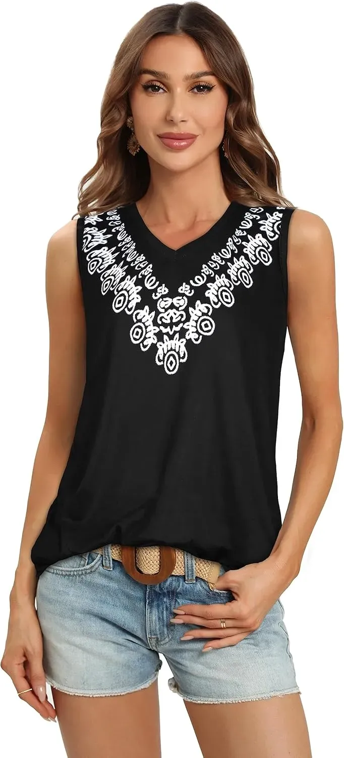 Summer Tops for Women Sleeveless V Neck Tshirt Loose Fit Casual Tank Tunic Blouse