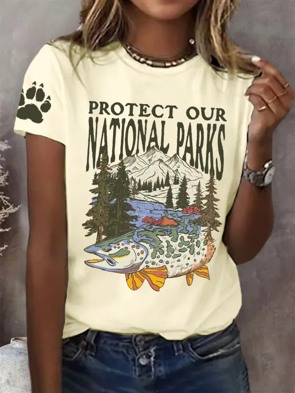 Women'S T-Shirt Women Protect Our National Parks Printed Crewneck T-Shirt Pure Cotton Casual