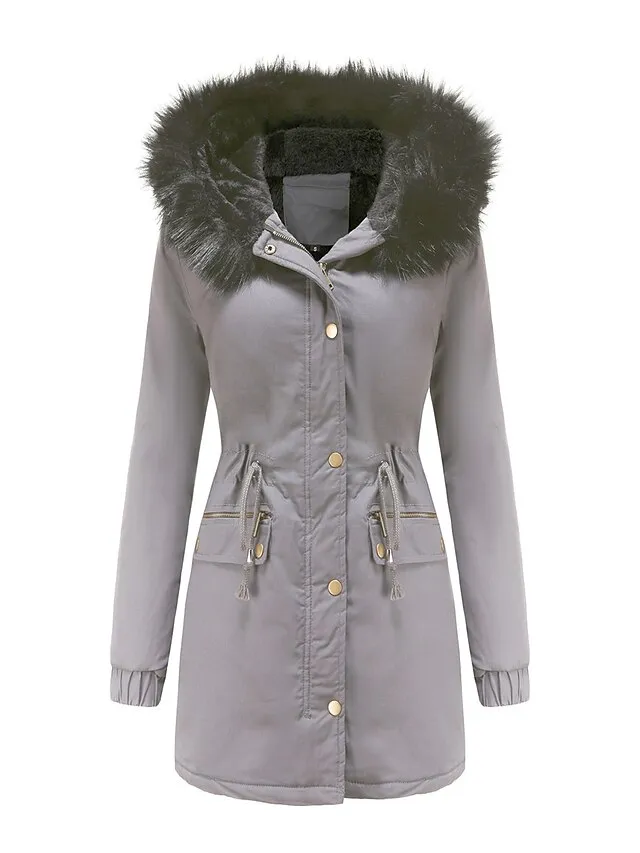 Women's Parka Fleece Puffer Jacket Winter Thicken Coat Warm Windproof Outerwear with Fur Collar Drawstring Zip up Stylish Casual Street Jacket with Pockets Long Sleeve Black Army Green Navy Blue