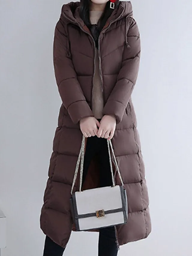 Women's Puffer Jacket Winter Jacket Winter Coat Hoodie Jacket Street Daily Valentine's Day Fall Winter Long Coat Regular Fit Warm Breathable Casual Jacket Long Sleeve Solid Color Full Zip Black Dusty