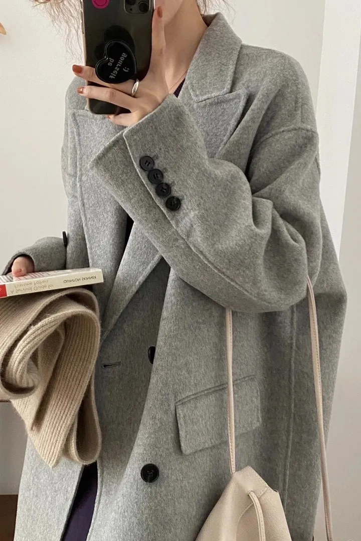 Solid Double Breasted Lapel Coat