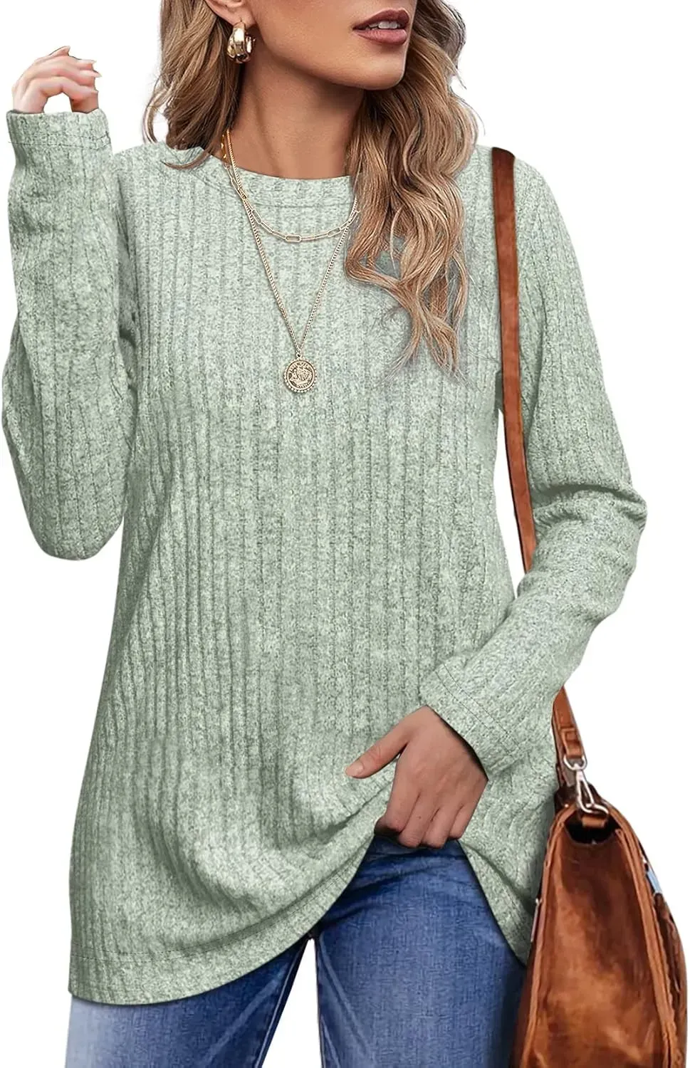 OFEEFAN Long Sleeve Shirts for Women Lightweight Crew Neck Casual Tunic Tops