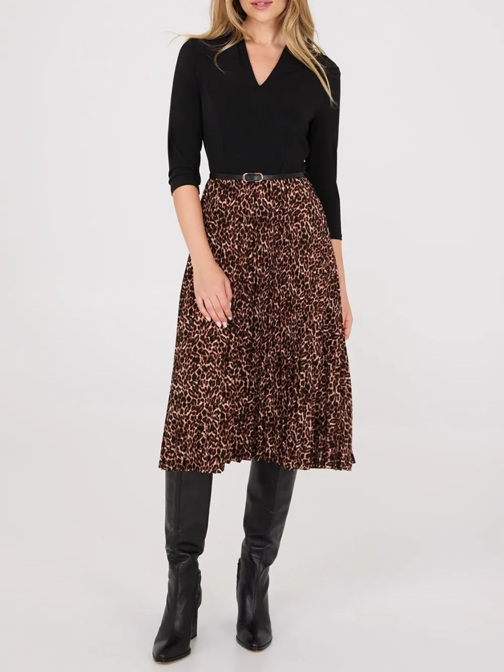 Leopard Print Belted Midi Dress