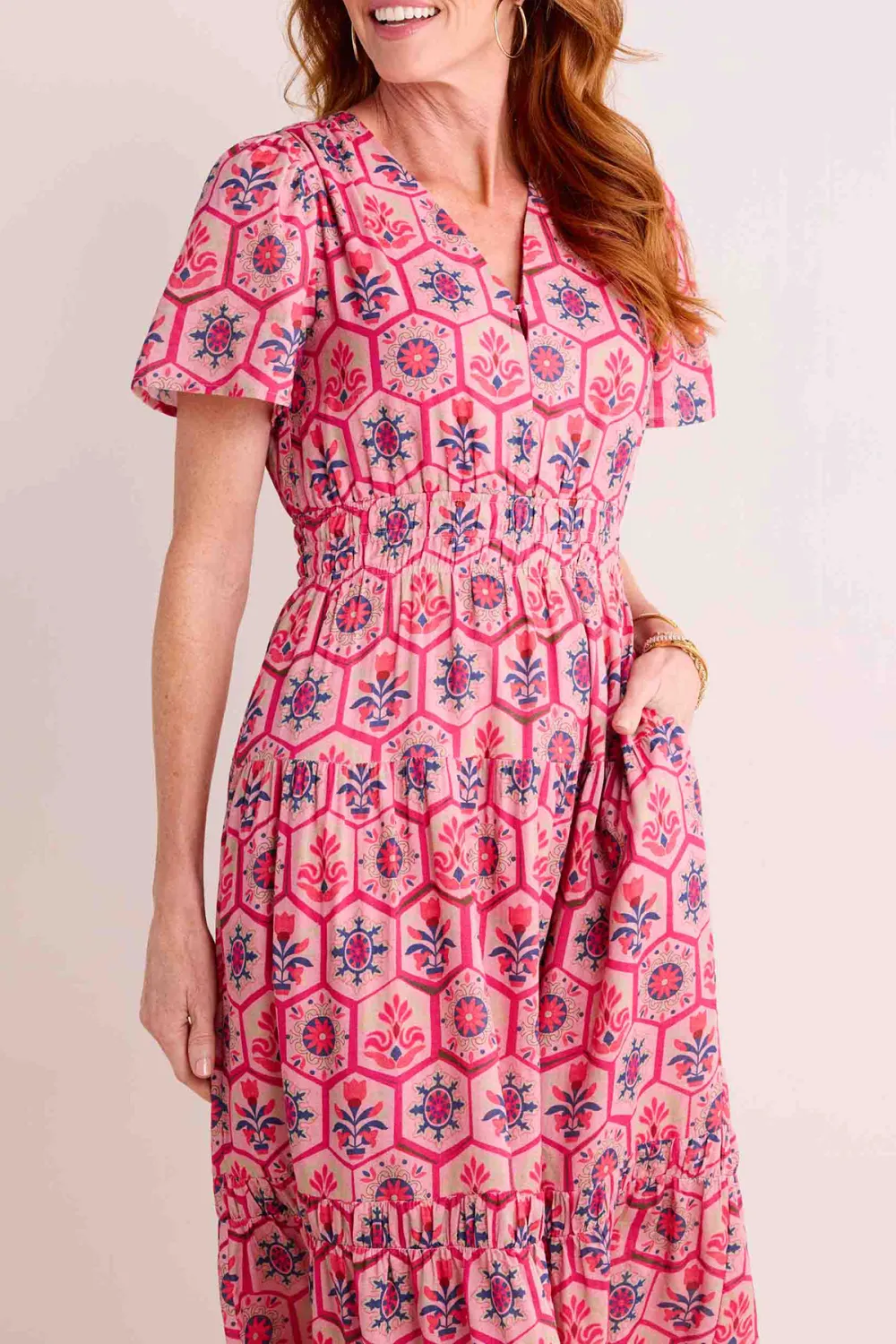 Pink Floral Print Short Sleeve Tiered Maxi Dress