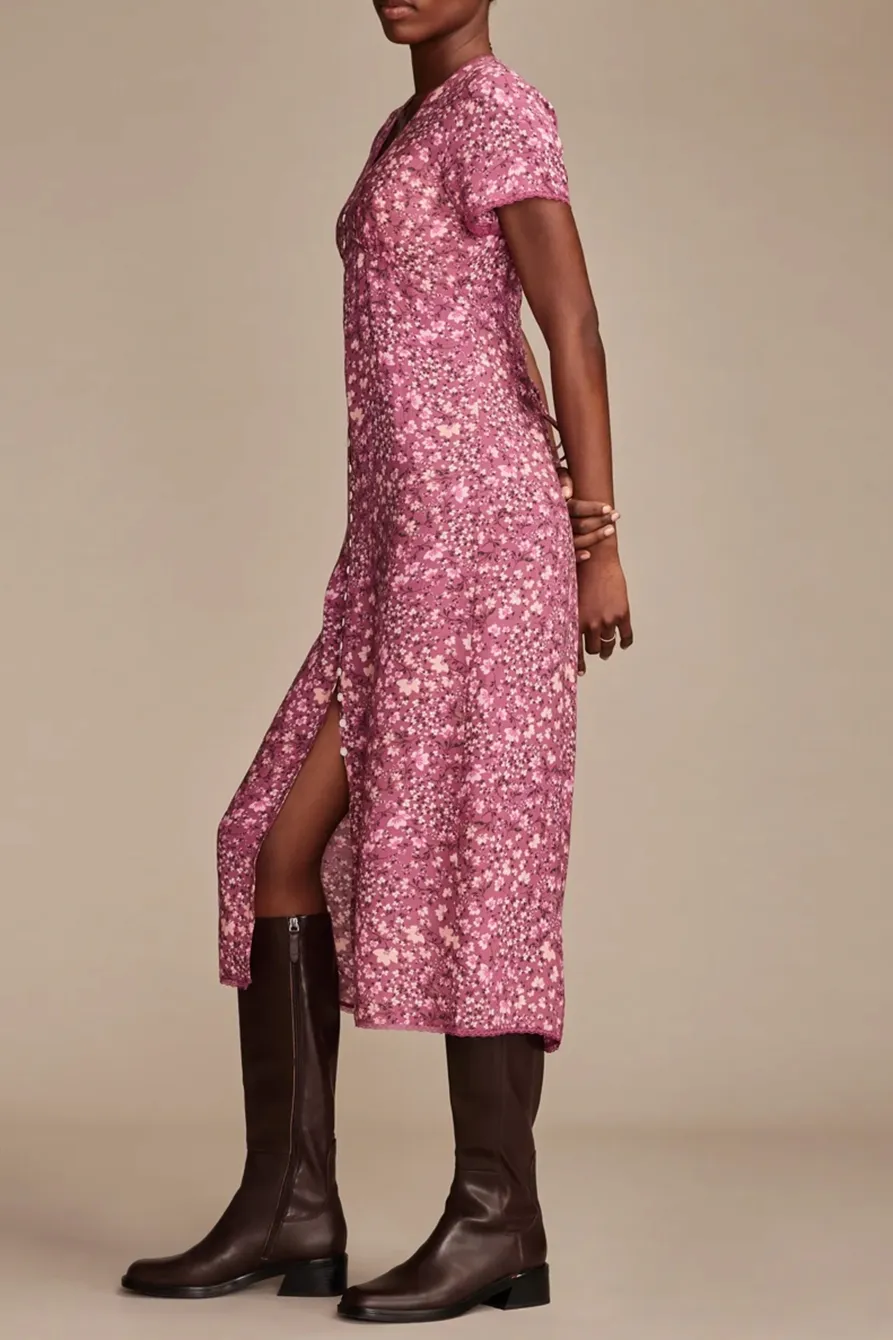 Lace Trimmed Button Front Midi Dress