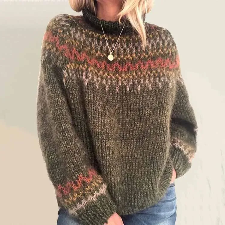 Retro Contrast Wave Pattern Turtleneck Sweater