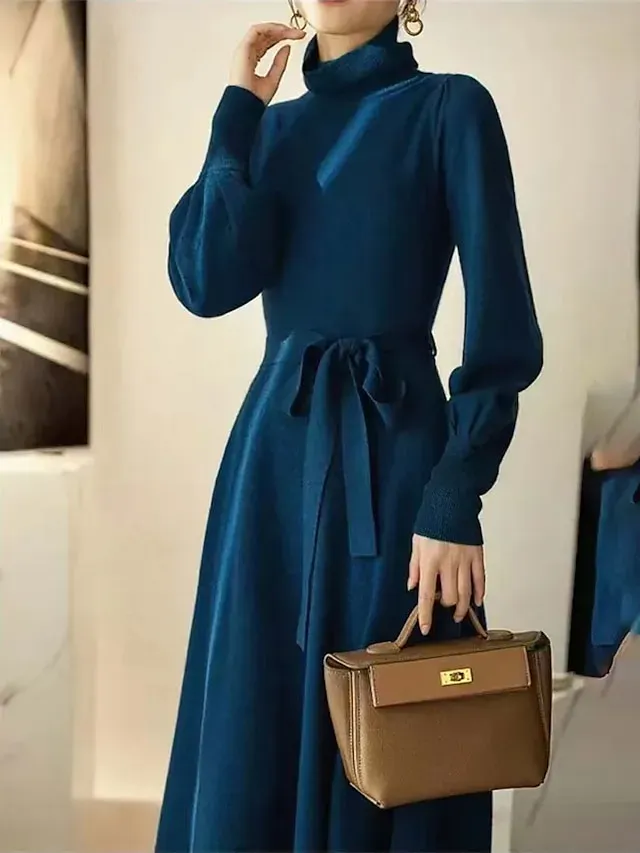 Women's Red Christmas Dress Sweater Dress Jumper Dress Midi Dress Warm Fashion Casual Plain Outdoor Christmas Daily Vacation Turtleneck Long Sleeve Lace up 2023 Regular Fit Black Wine Blue One Size