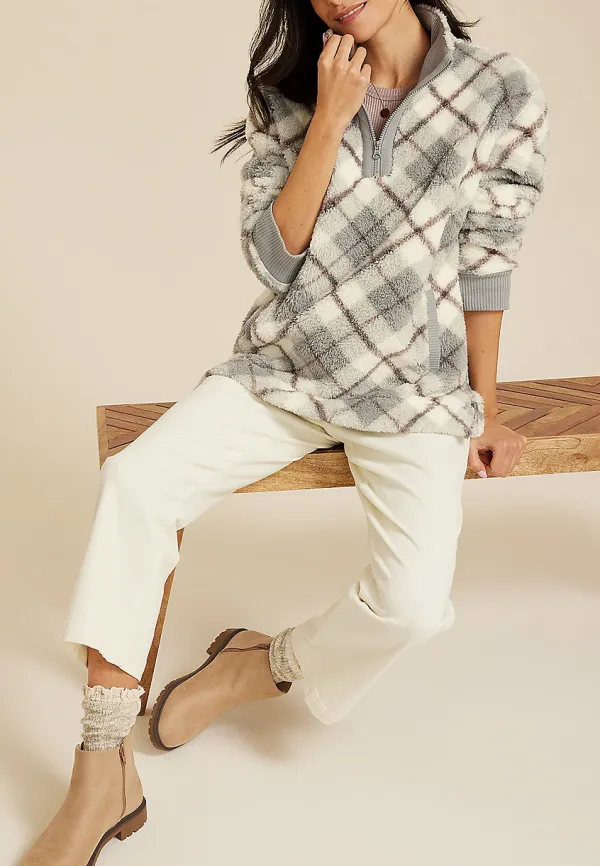 Sherpa Plaid Pullover Sweatshirt