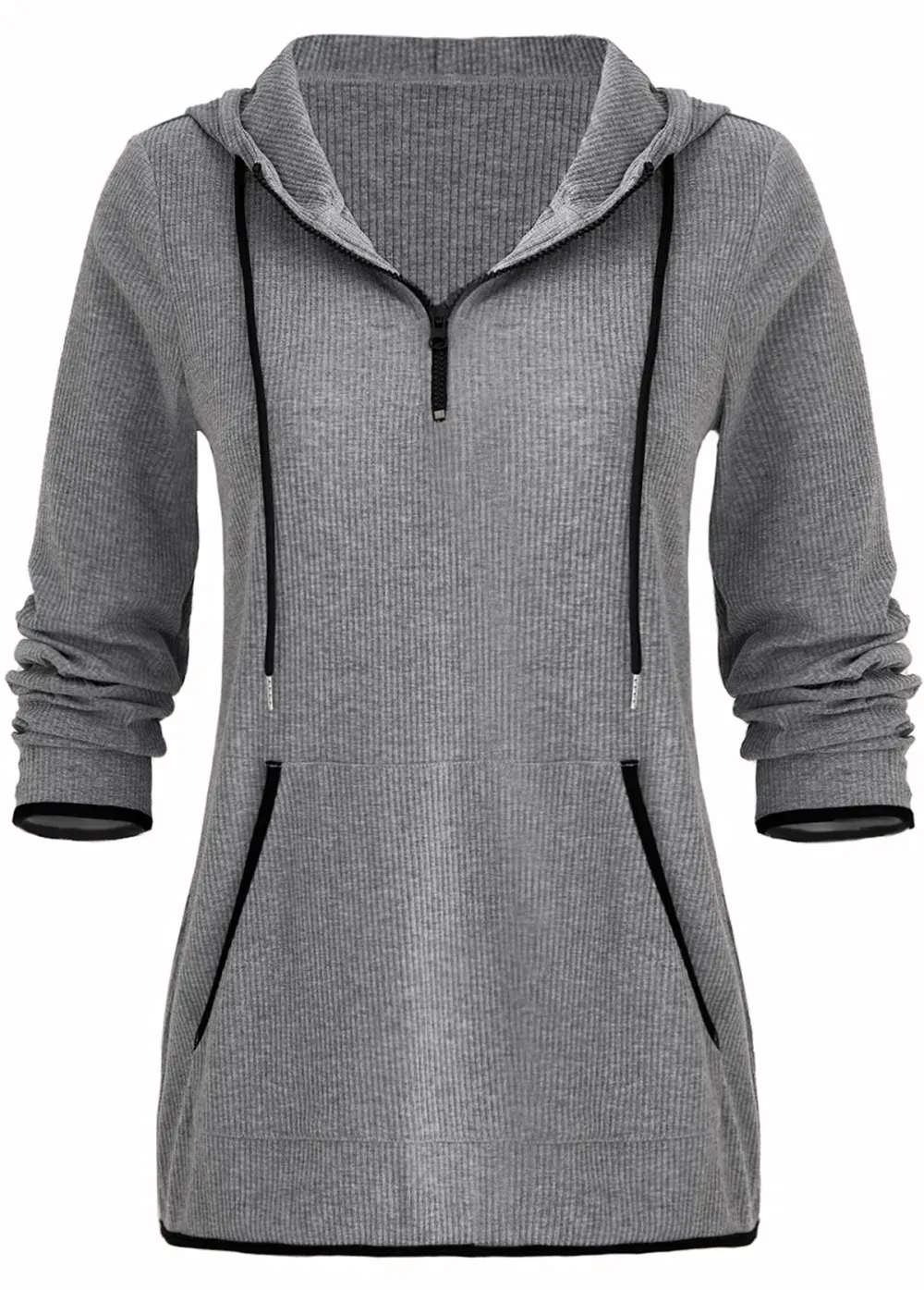 Grey Pocket Zipper Long Sleeve Hoodie