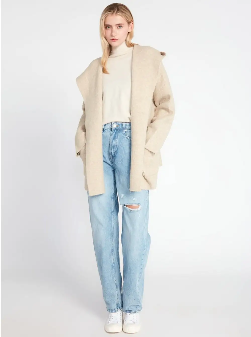 Hooded Open Lapel Sweater Coat