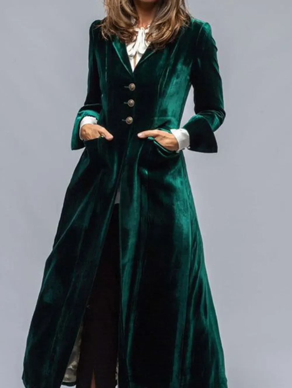 Velvet Lapel Collar Tunic Single Breasted Ankle Length Coat