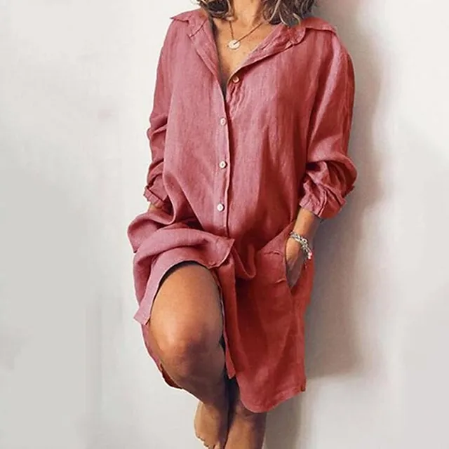 Women's Shirt Dress Casual Dress Cotton Linen Dress Midi Dress Cotton Blend Simple Basic Home Street Daily Shirt Collar Pocket Long Sleeve Summer Spring Fall 2023 Loose Fit Black White Yellow Pure