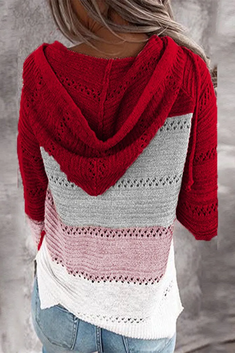 Striped & Leopard Patchwork V-Neck Hooded Sweater